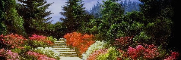 Obraz, Park, Thomas Kinkade, Lato, Kwiaty
