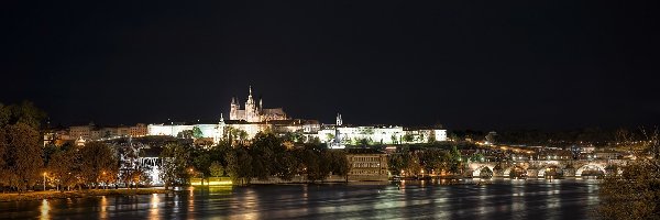 Panorama, Nocą, Miasta, Czechy, Praga