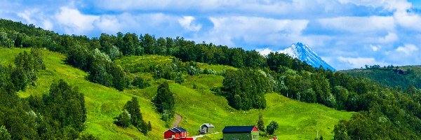 Lato, Łąki, Zabudowania, Wzgórza, Lasy, Góry