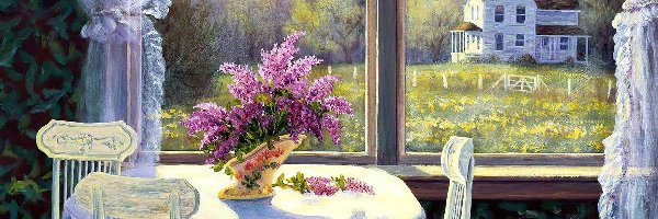 Stół, Obraz, Kwiaty, Okno