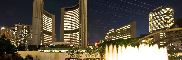 Toronto, Fontanna, Woda, Noc, Architektura